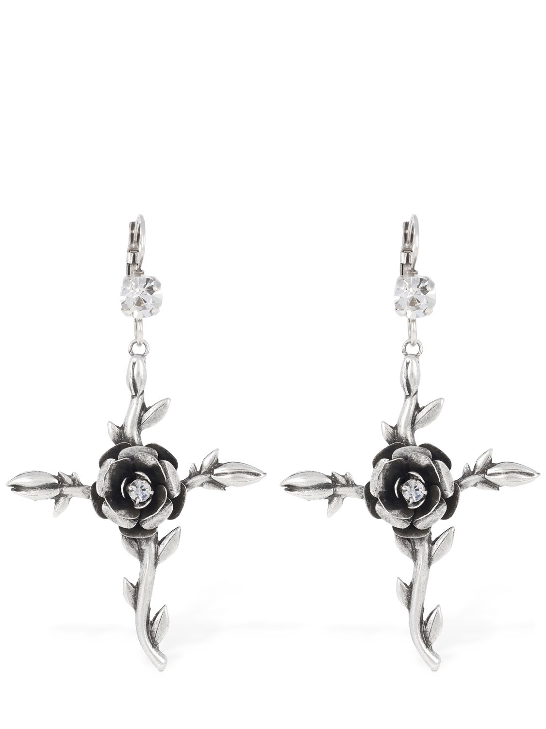 Shop Blumarine Rose & Cross Drop Earrings In Silver
