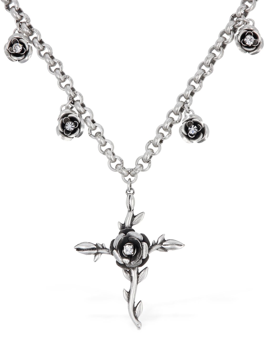 Shop Blumarine Rose & Cross Collar Necklace In Silver