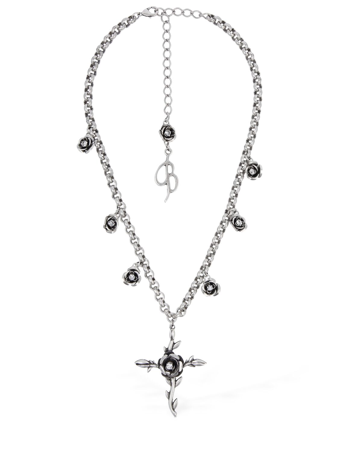 Shop Blumarine Rose & Cross Collar Necklace In Silver