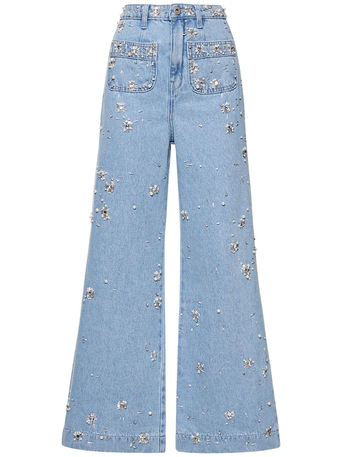 Cotton Denim Wide Jeans W/crystals