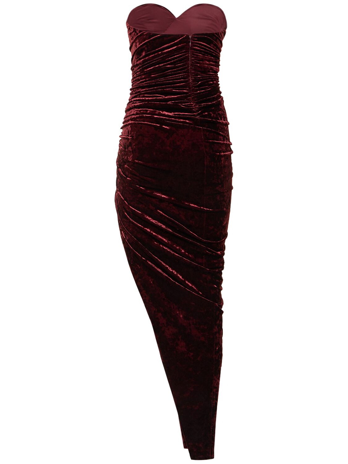 Shop Alexandre Vauthier Strapless Crushed Velvet Midi Dress In Dark Red