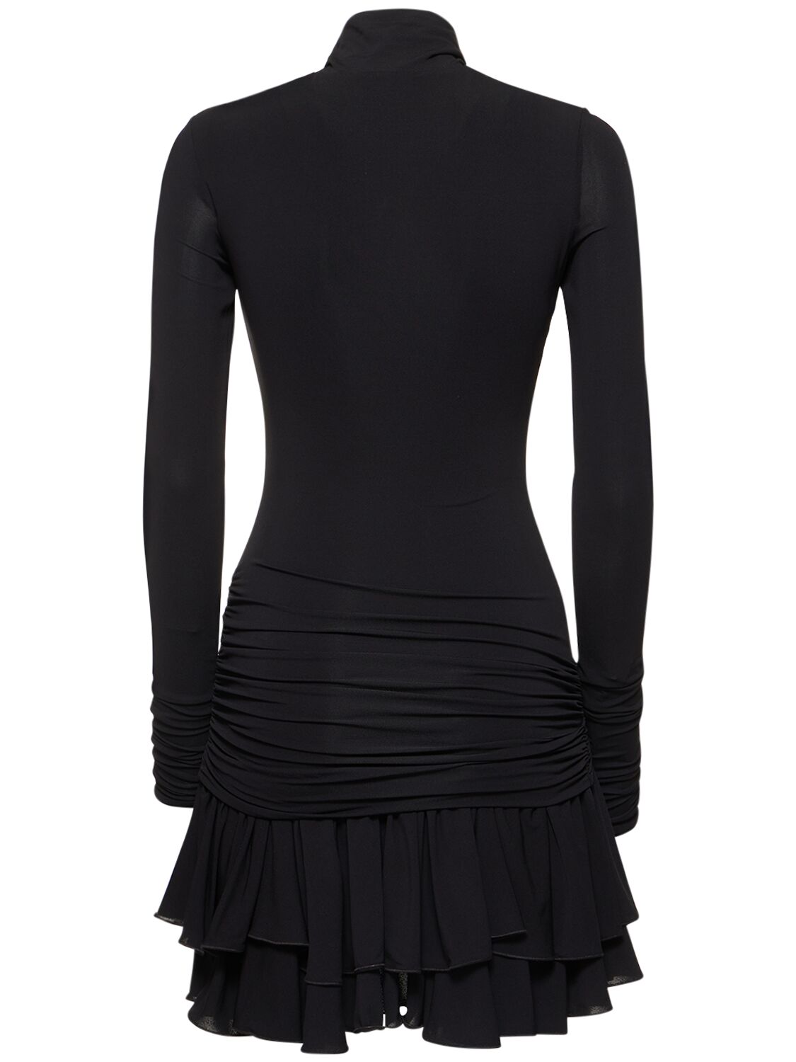 Shop Blumarine Jersey Turtleneck Draped Mini Dress In Black