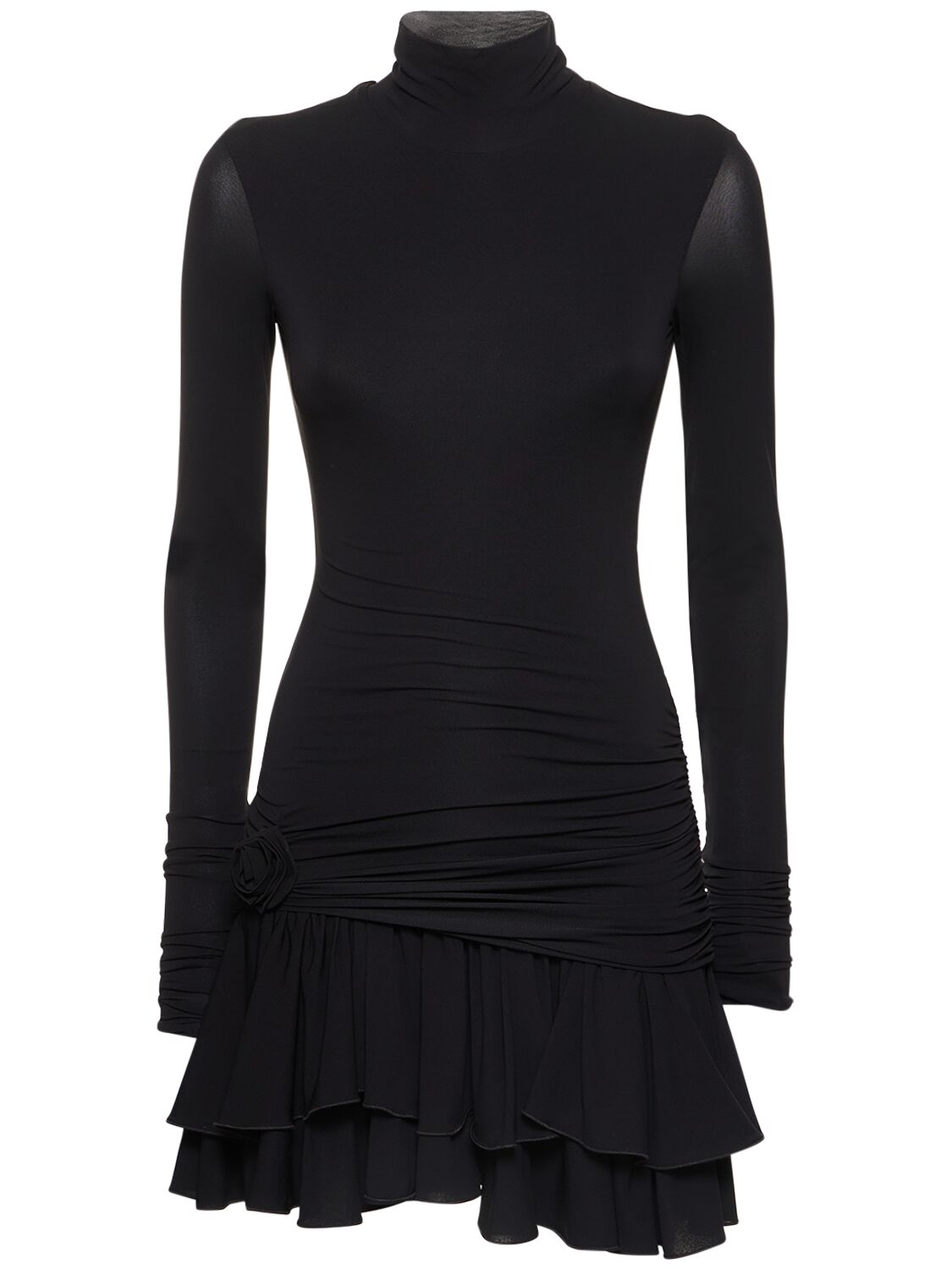 Blumarine Jersey Turtleneck Draped Mini Dress In Black