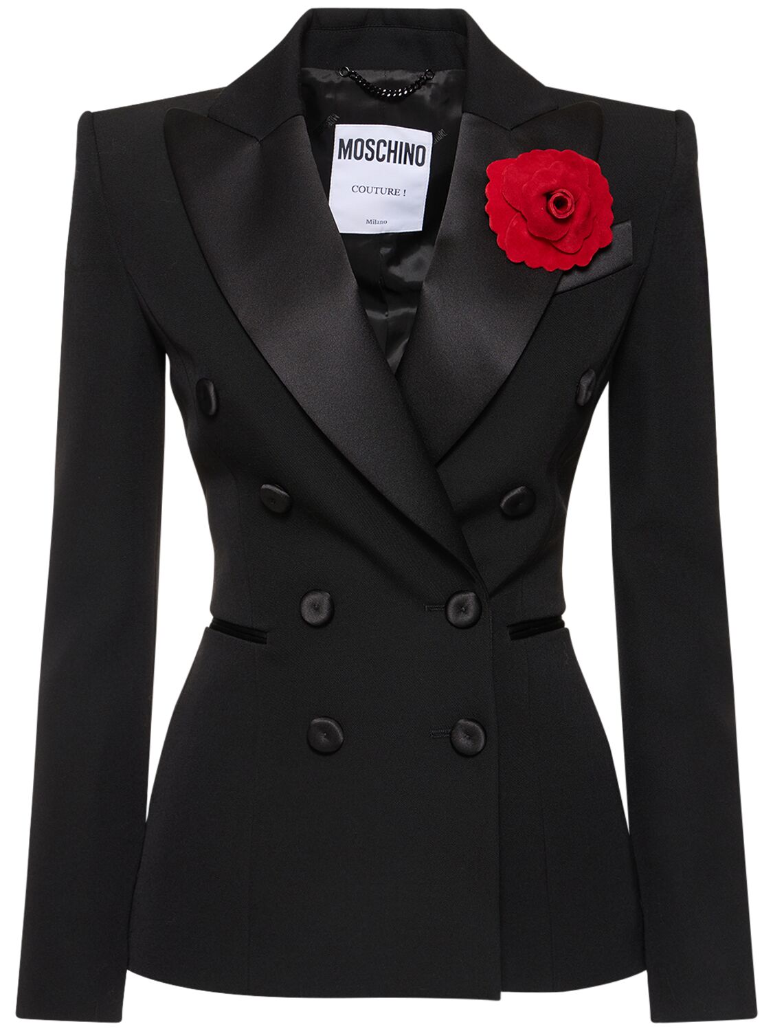 Moschino Double Breasted Wool Jacket W/ Rose In Black