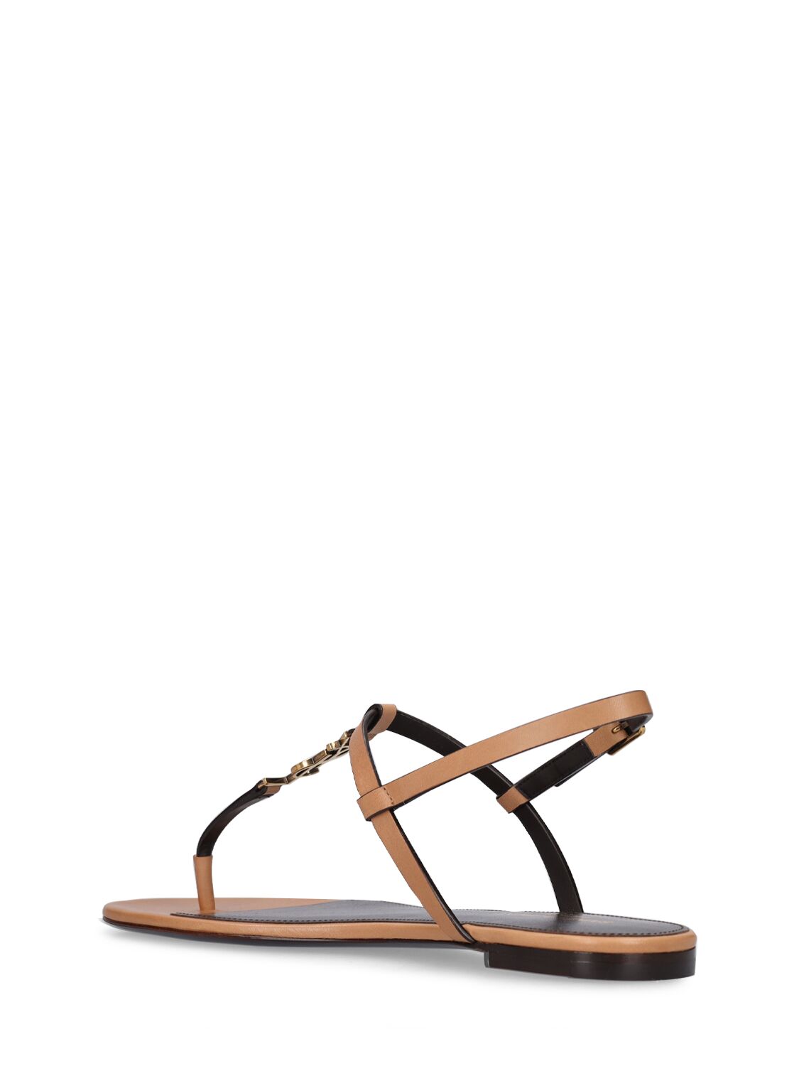 Shop Saint Laurent 5mm Cassandra Leather Flat Sandals In Gold Brown