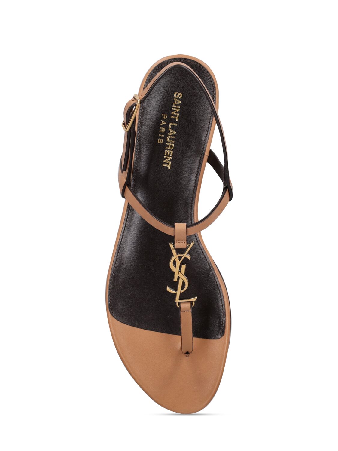 Shop Saint Laurent 5mm Cassandra Leather Flat Sandals In Gold Brown