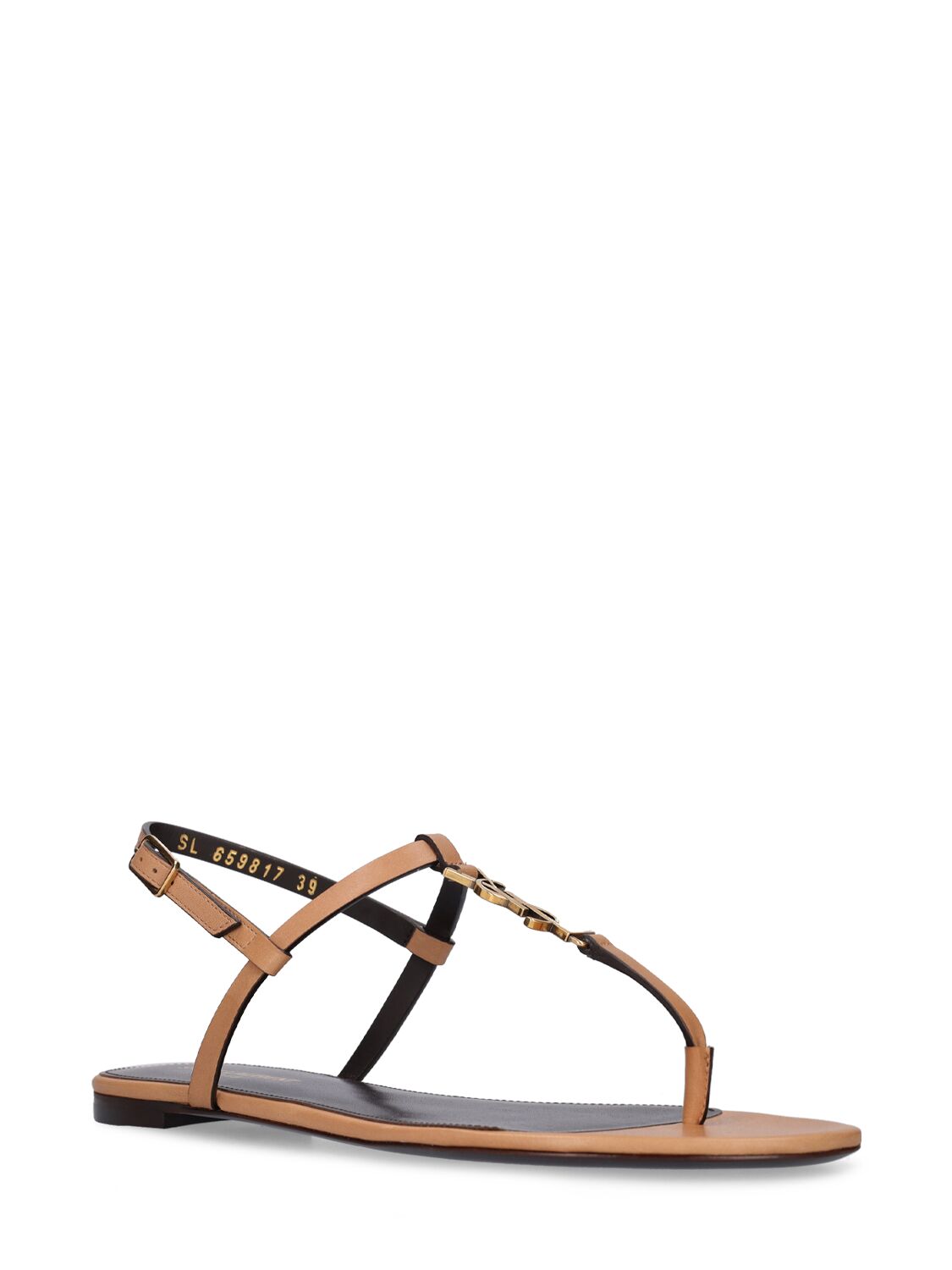 Shop Saint Laurent 5mm Cassandra Leather Flat Sandals In Gold Brown