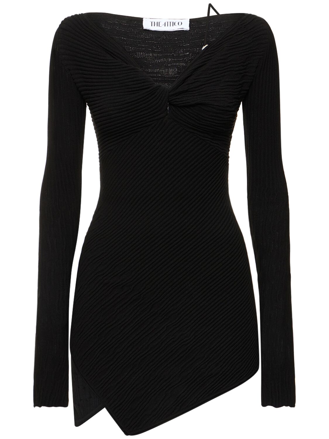 Shop Attico Desai Asymmetric Viscose Knit Mini Dress In Black
