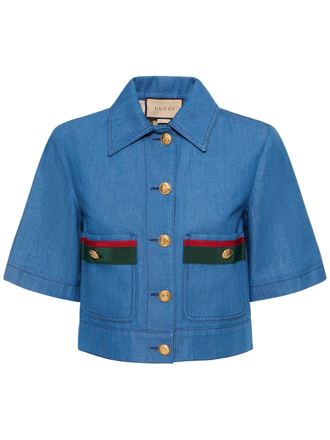 Gucci Web Stripe Short-sleeved Denim Jacket In Blue