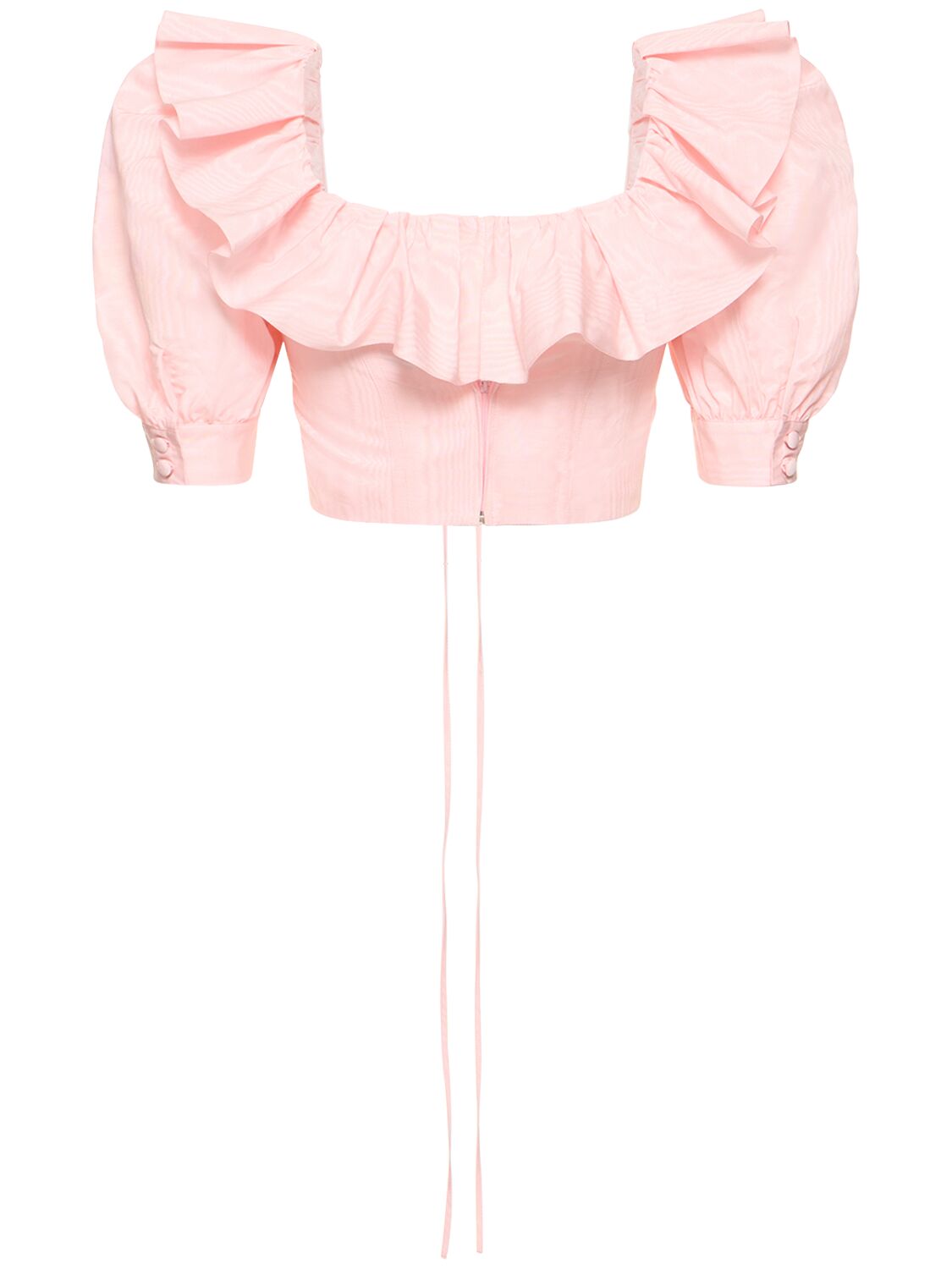 Alessandra Rich Ruffled Moiré Crop Top W/ Lace Up In Pink