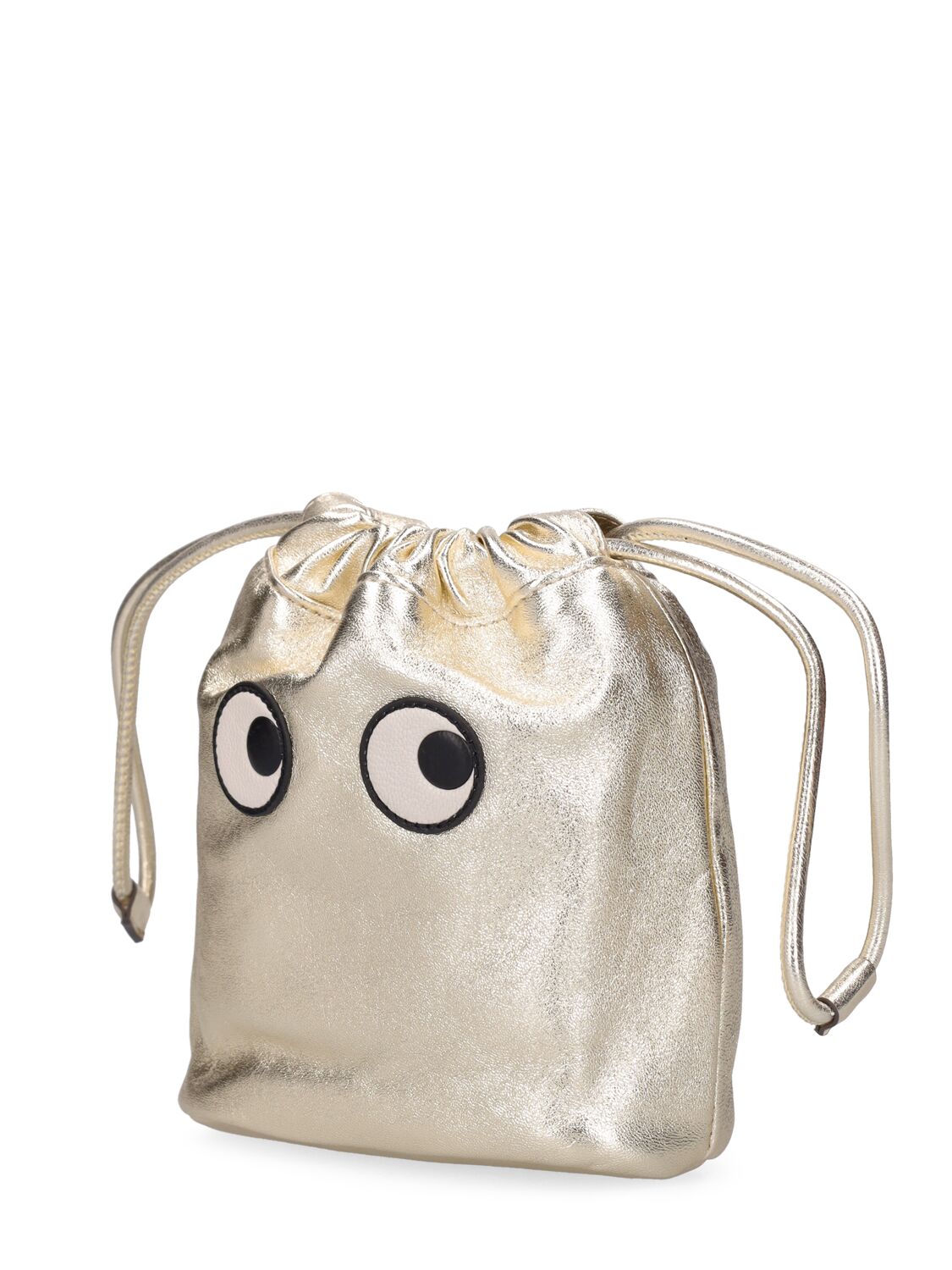 Shop Anya Hindmarch Drawstring Eyes Metallic Leather Pouch In Light Gold