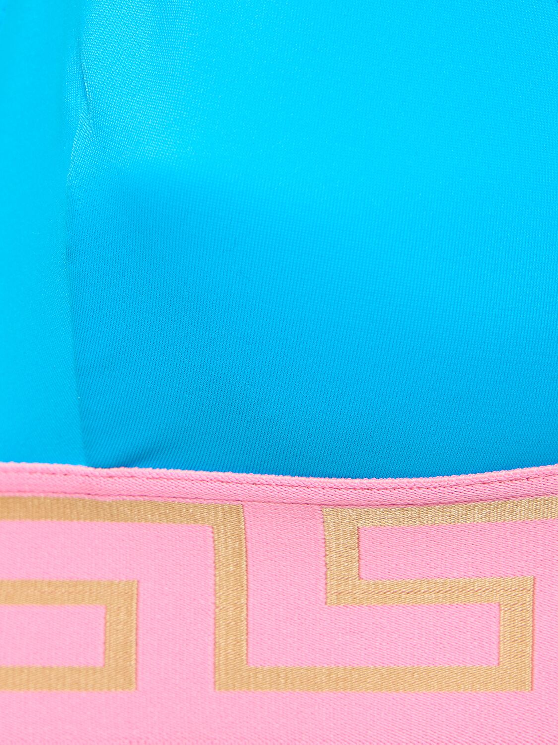 Shop Versace Greca Logo Triangle Bikini Top In Blue,pink