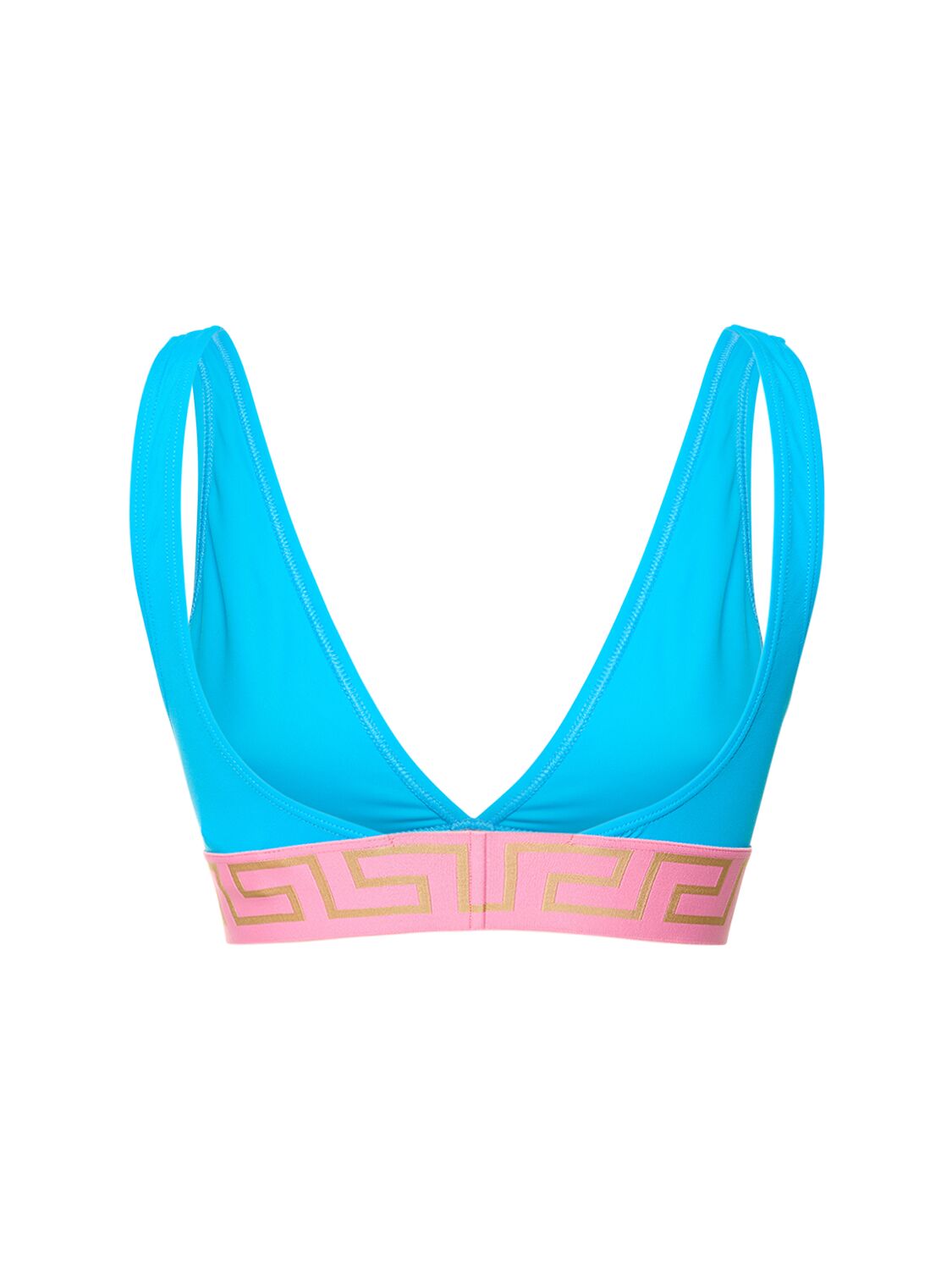 Shop Versace Greca Logo Triangle Bikini Top In Blue,pink