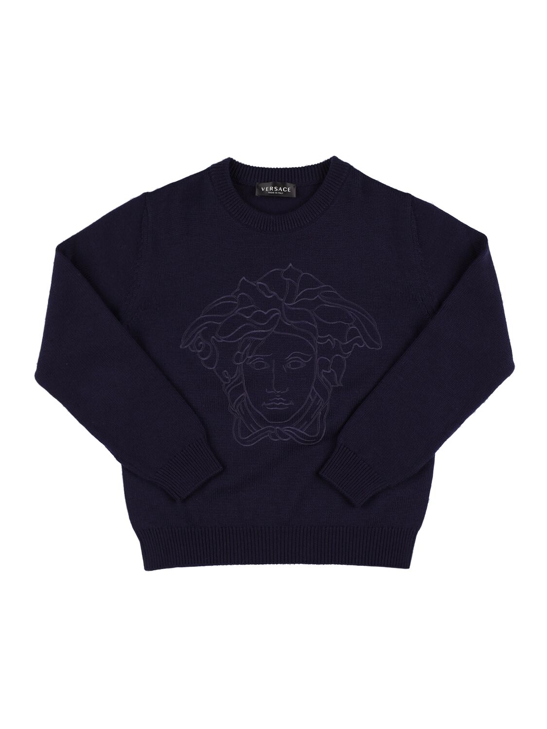 Versace Kids' Medusa Embroidery Wool Sweater In Navy