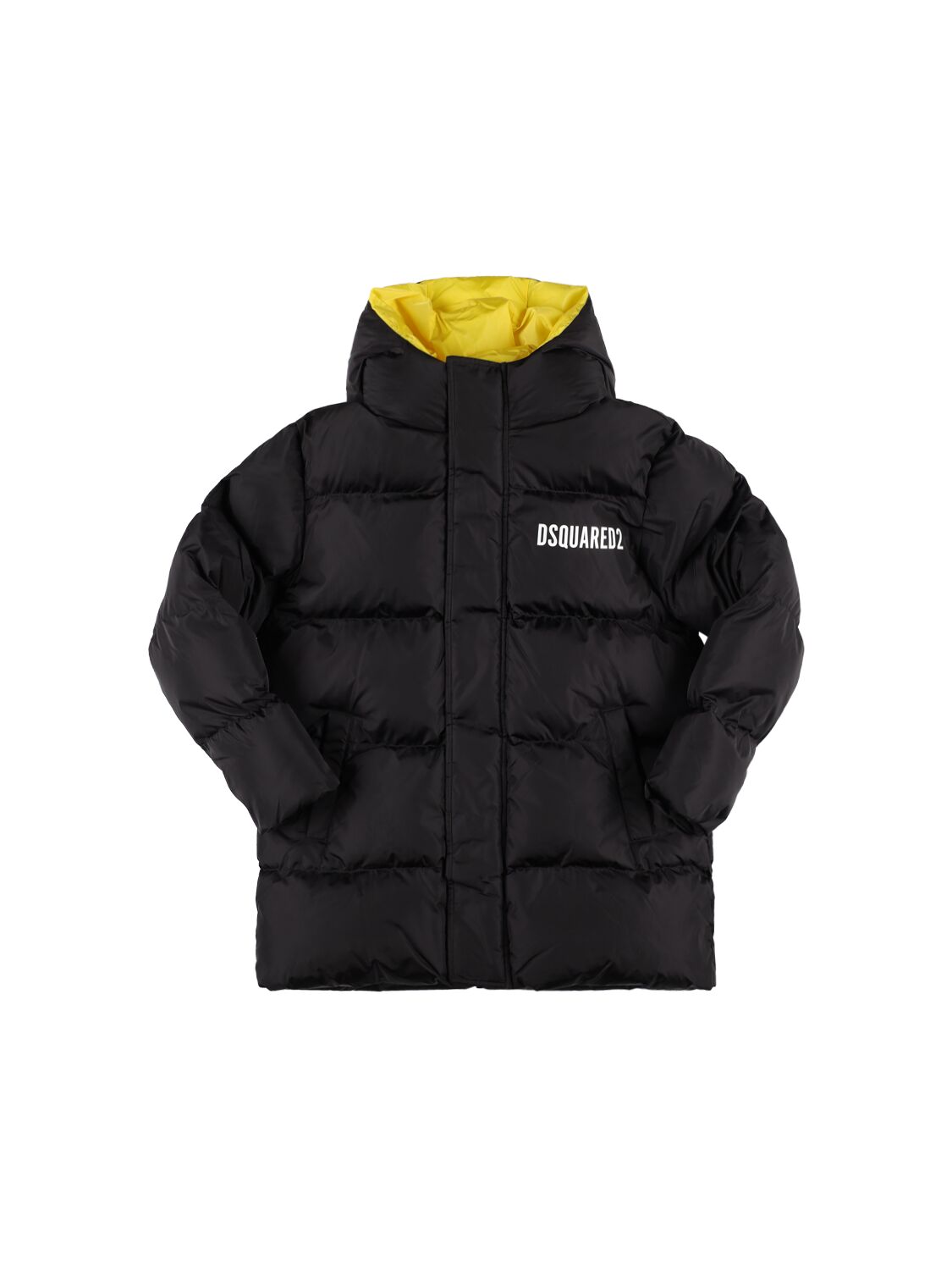 Dsquared2 Kids' Hooded Nylon Puffer Jacket W/logo In Black,yellow