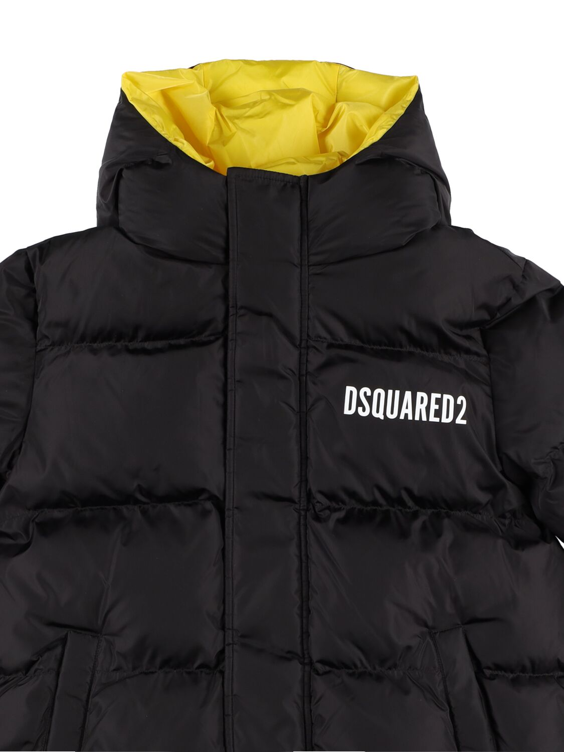 Shop Dsquared2 Hooded Nylon Puffer Jacket W/logo In Black,yellow