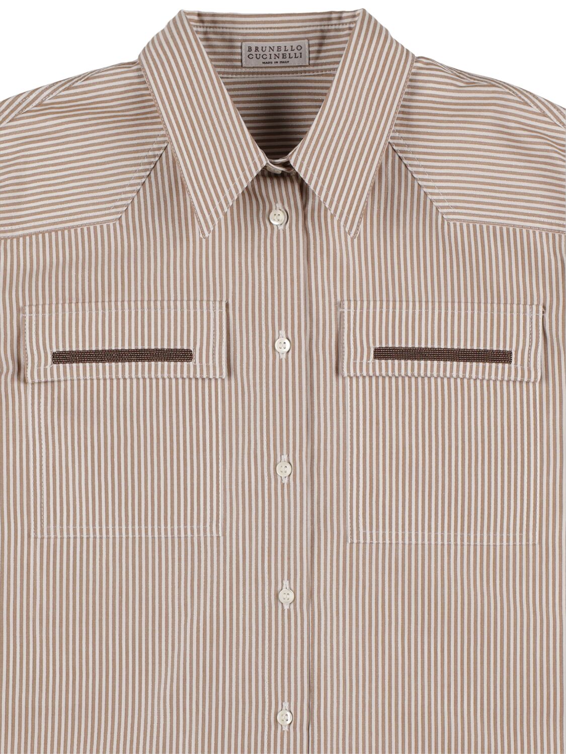 Shop Brunello Cucinelli Embellished Striped Cotton Poplin Shirt In White,brown