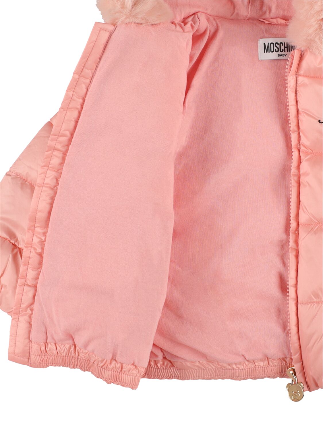Shop Moschino Embroidered Logo Nylon Puffer Jacket In Pink