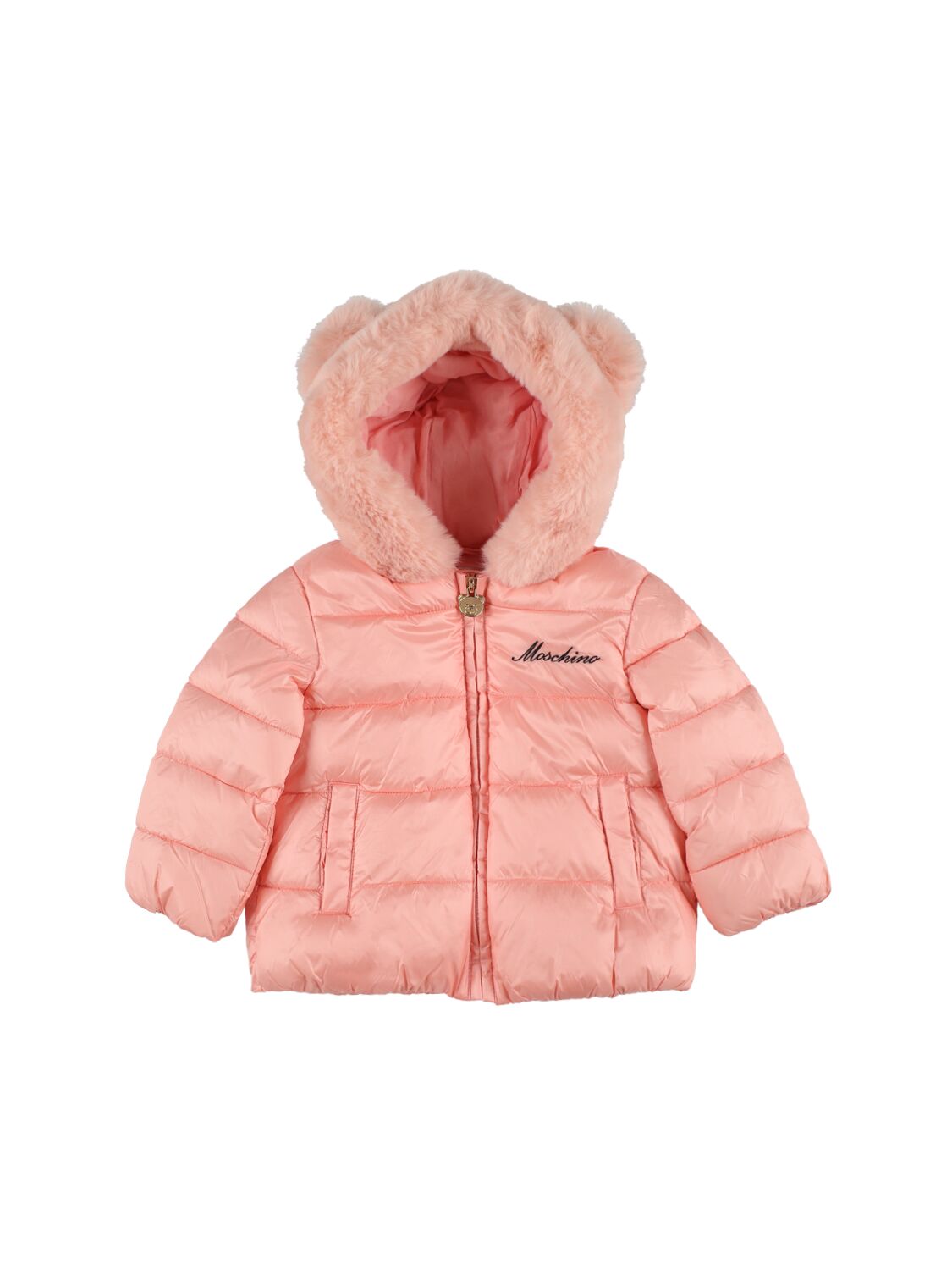 Moschino Kids' Embroidered Logo Nylon Puffer Jacket In Pink