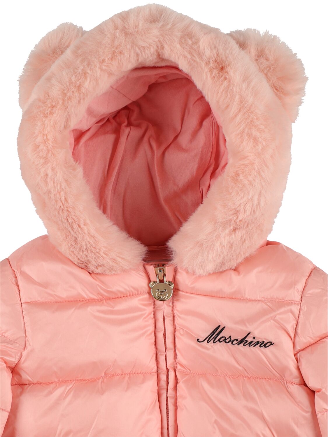 Shop Moschino Embroidered Logo Nylon Puffer Jacket In Pink