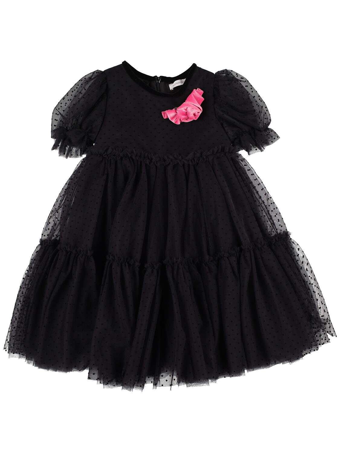 Monnalisa Kids' Rose-appliqué Tulle Dress In Black