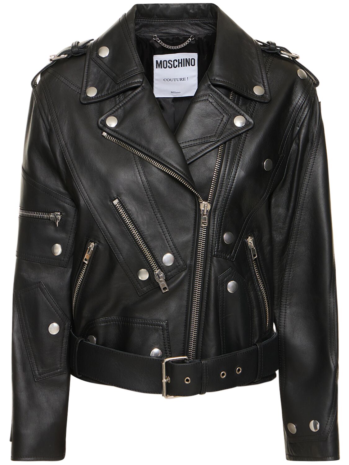 Moschino Leather Belted Jacket W/ Zip Details In Black