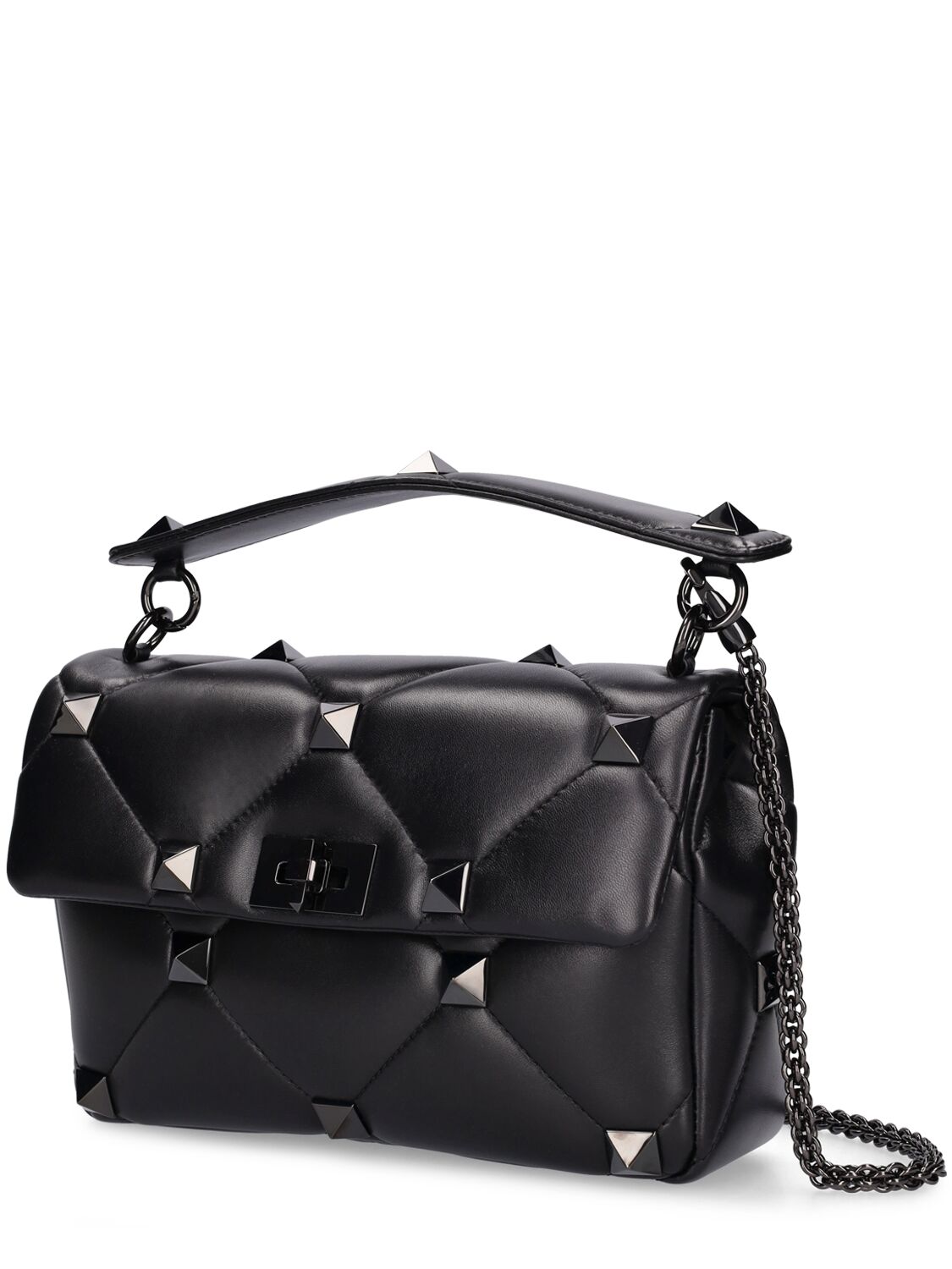 Shop Valentino Large Roman Stud Leather Shoulder Bag In Black