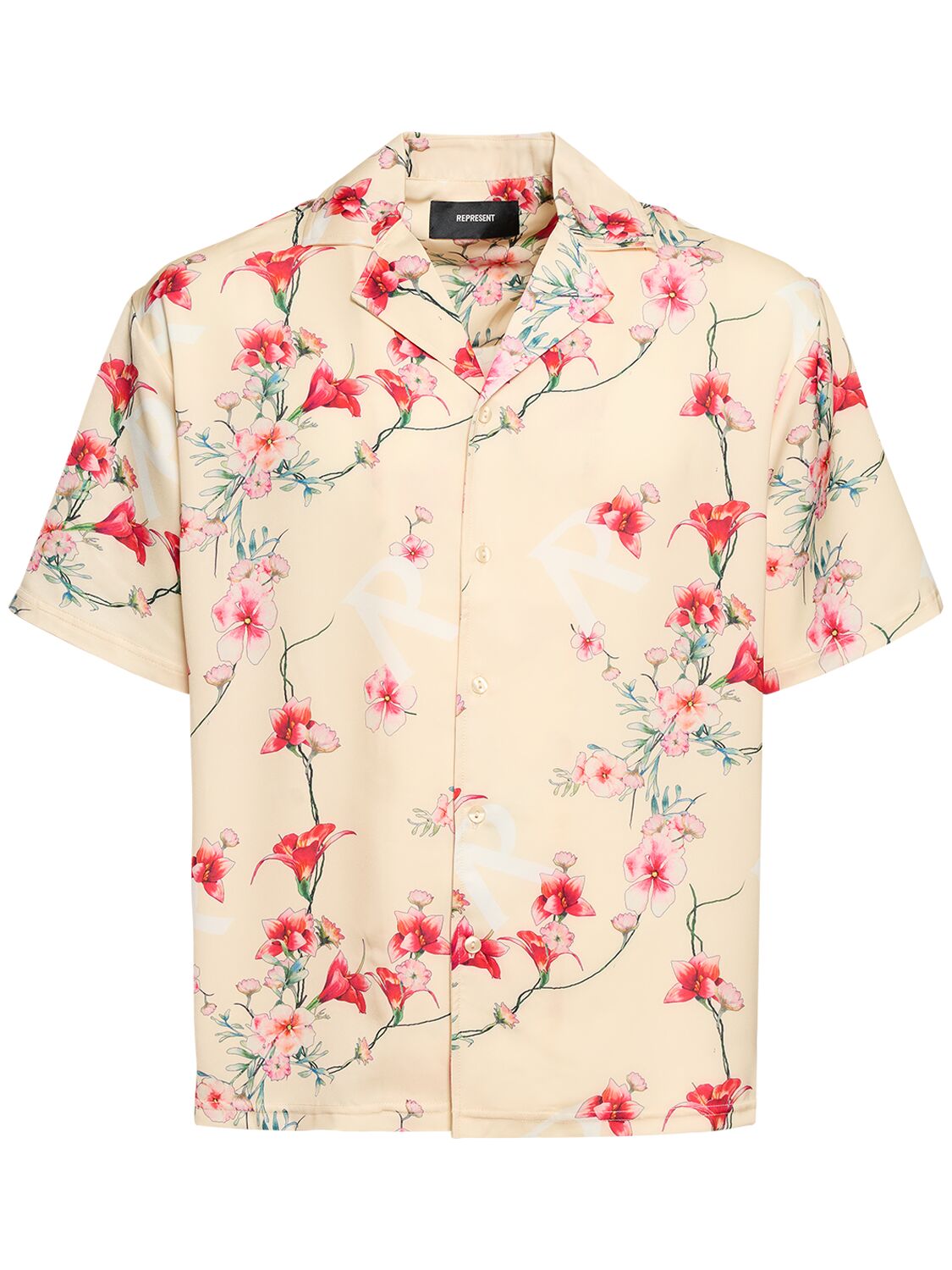 Represent Summer Flower Satiny Camp Shirt In Cream Beige