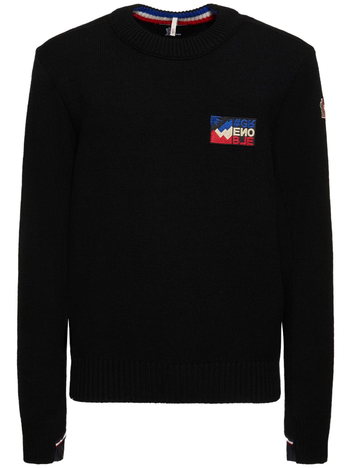Shop Moncler Stretch Wool Blend Crewneck Sweater In Black