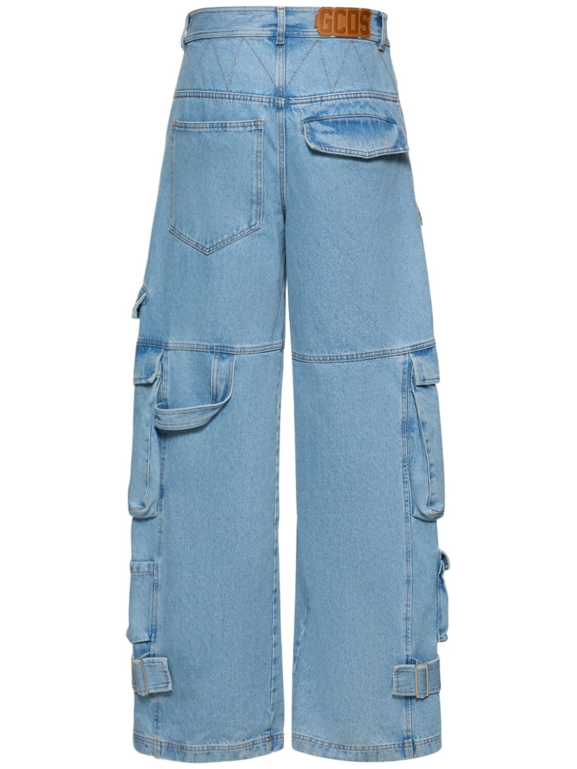 Shop Gcds 32cm Loose Cotton Denim Cargo Jeans In Light Blue