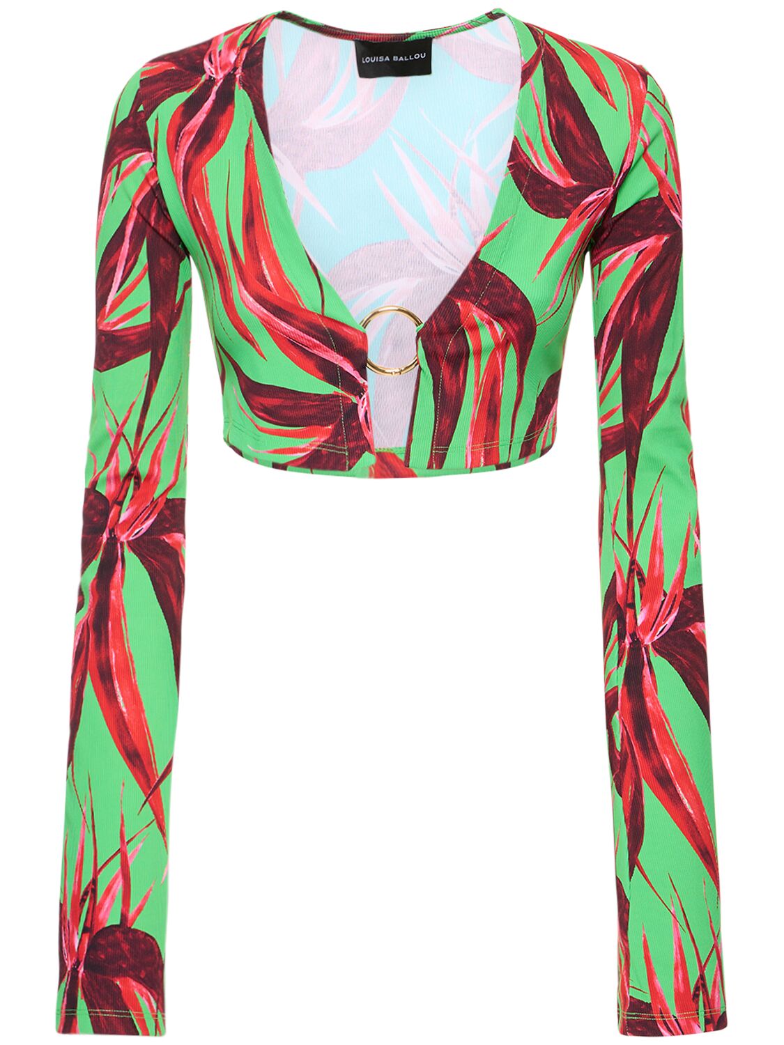 Shop Louisa Ballou Ribbed Stretch Cropped Cardigan In Green Red Flowe