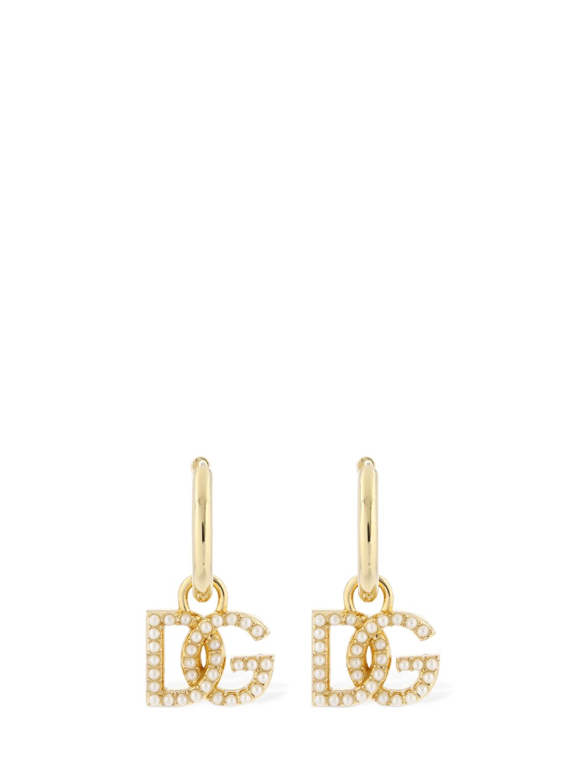 Dolce & Gabbana Dg Logo Faux Pearl Hoop Earrings In Gold,white