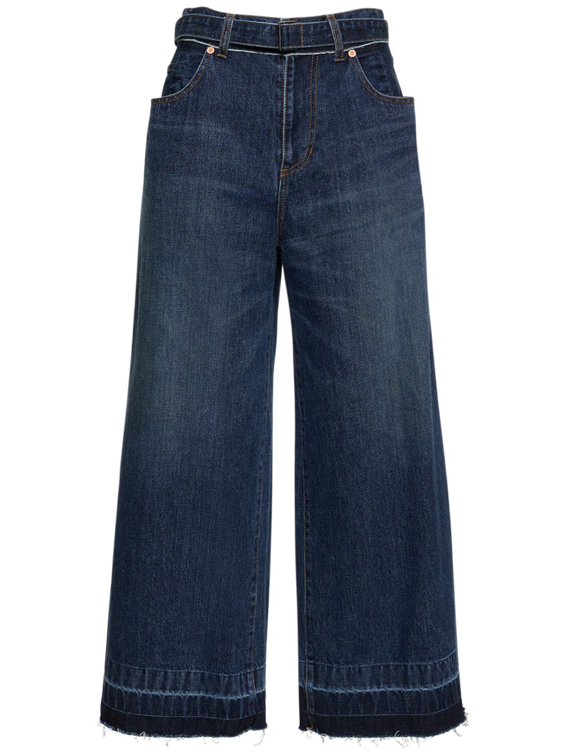 Sacai High Rise Belted Denim Wide Jeans In Blue