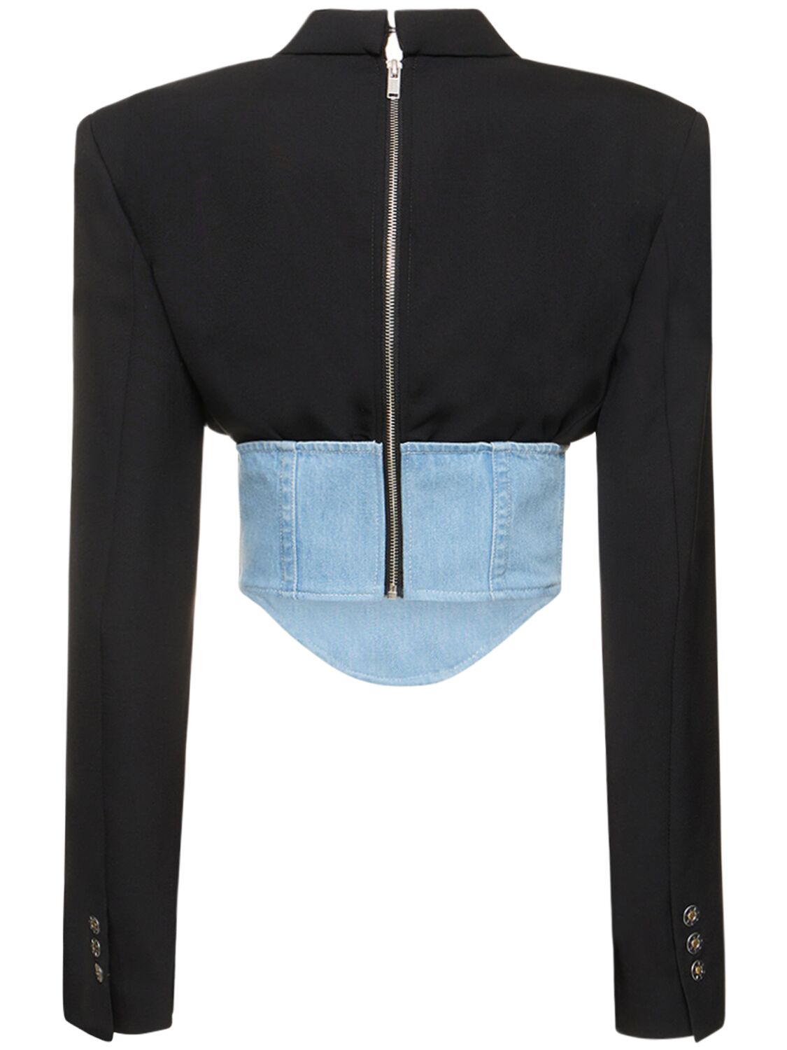 Shop Dion Lee Wool Interlock & Denim Corset Blazer In Black,light Blue