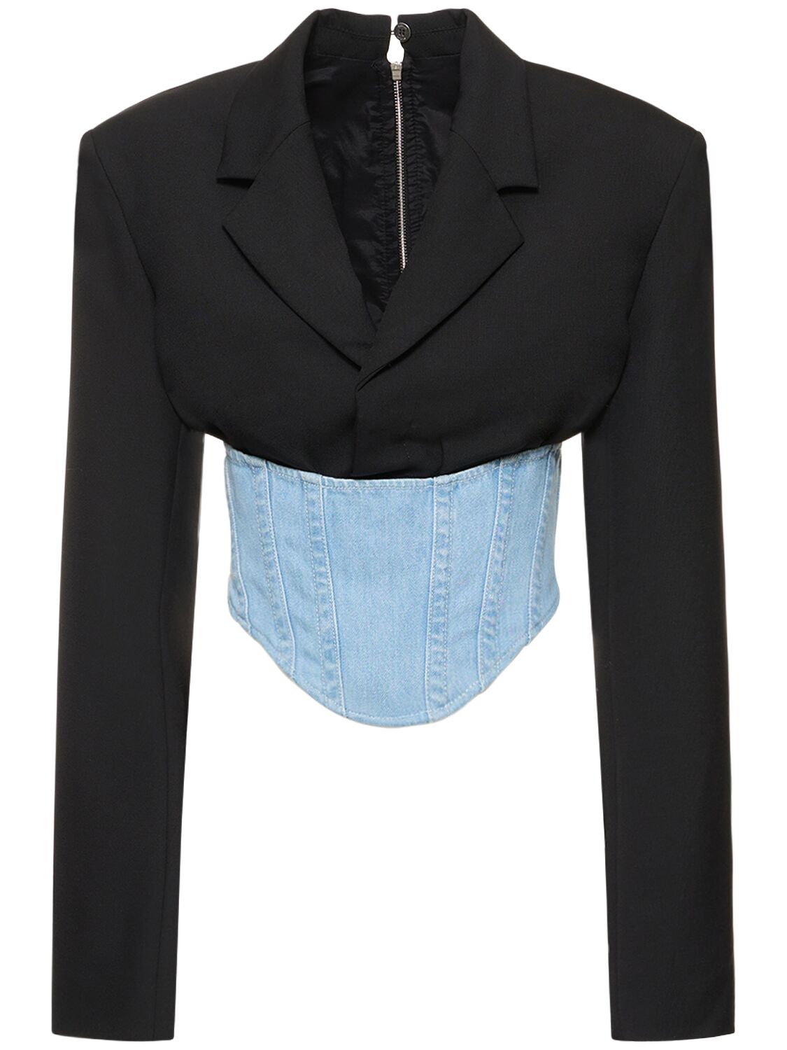 Shop Dion Lee Wool Interlock & Denim Corset Blazer In Black,light Blue