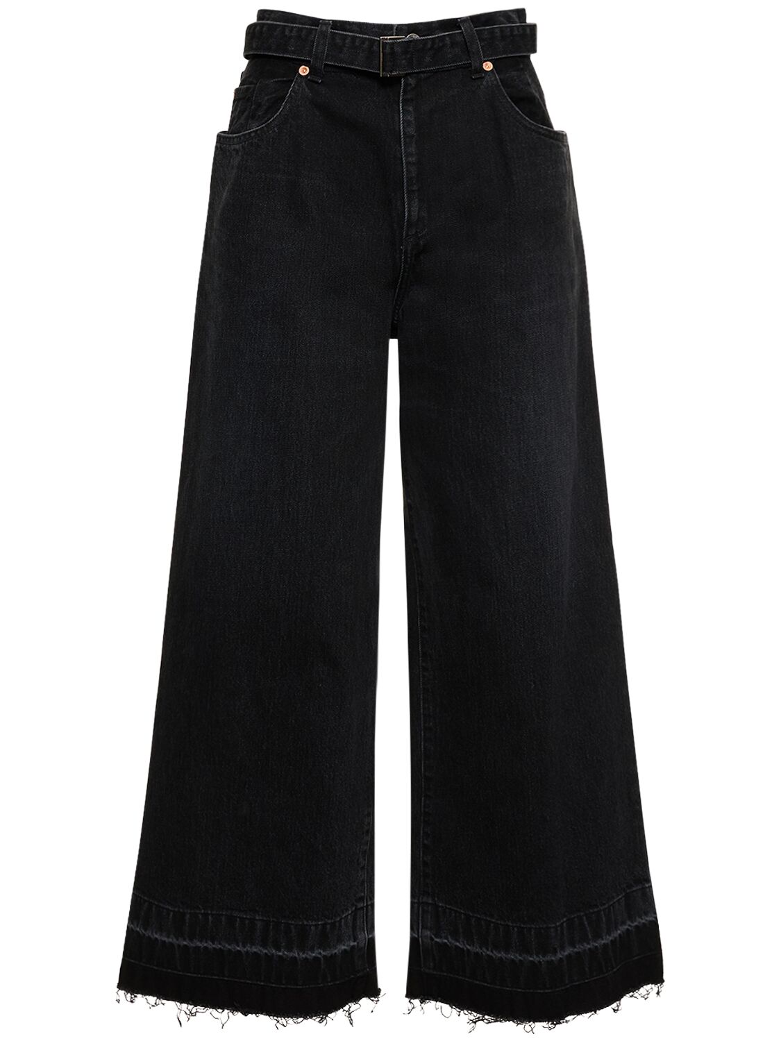 Shop Sacai High Rise Belted Denim Wide Jeans In Black