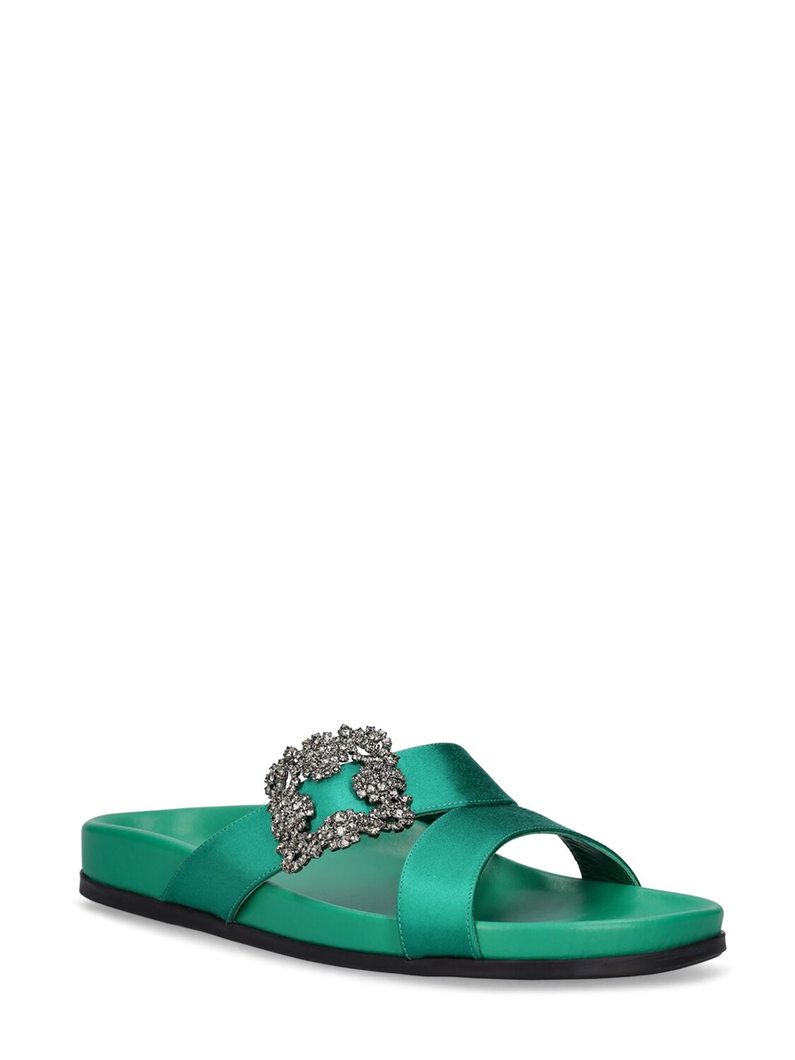 Shop Manolo Blahnik 10mm Chilanghi Satin Flat Sandals In Emerald