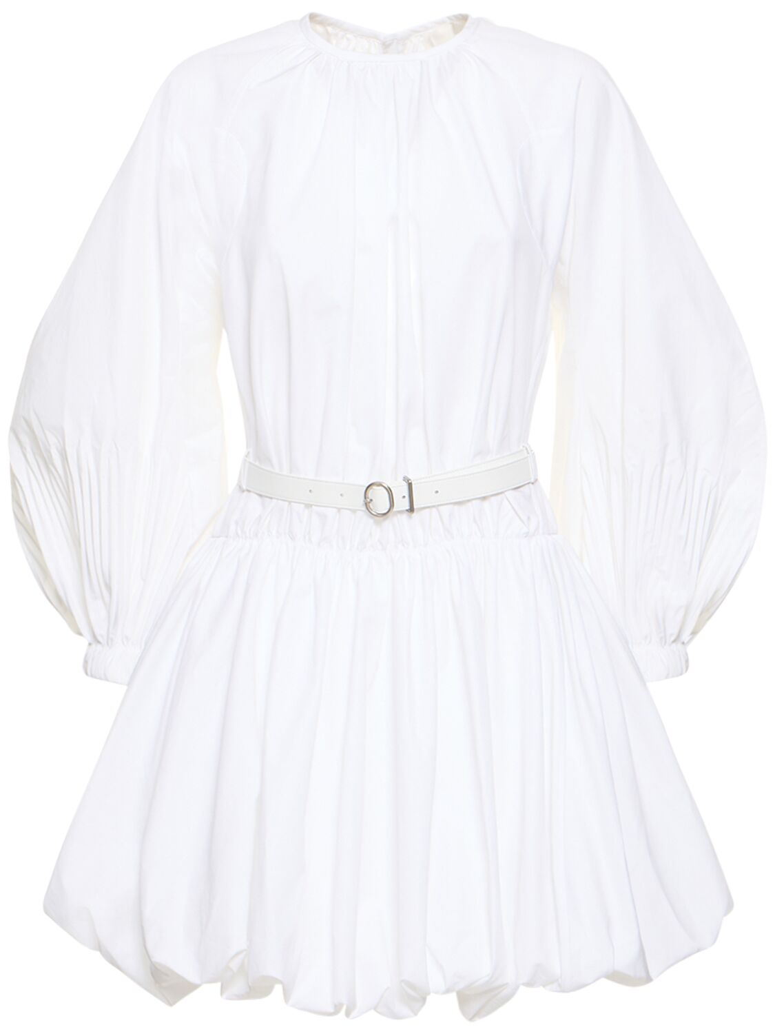 Jil Sander Pleated Cotton Poplin Mini Dress W/belt In White