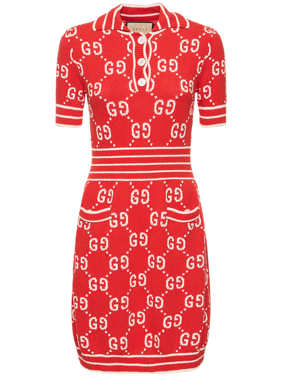 Shop Gucci Cotton Blend Polo Dress In Red,ivory