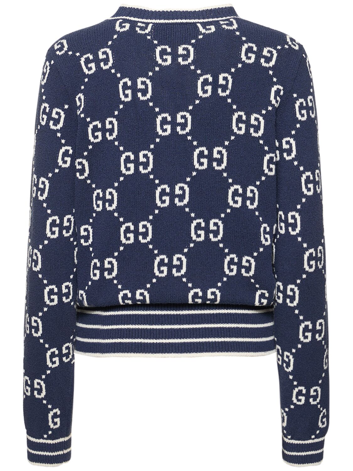 Shop Gucci Gg Cotton Blend Knit Cardigan In Navy,ivory