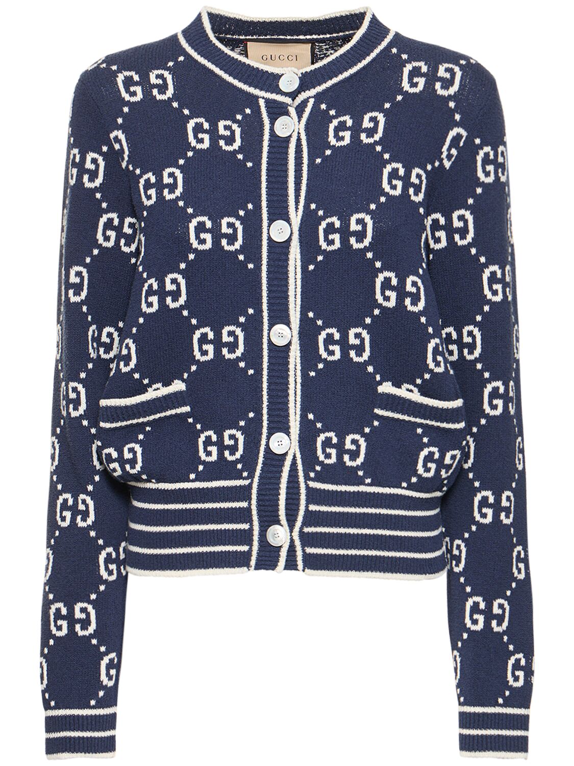 Shop Gucci Gg Cotton Blend Knit Cardigan In Navy,ivory