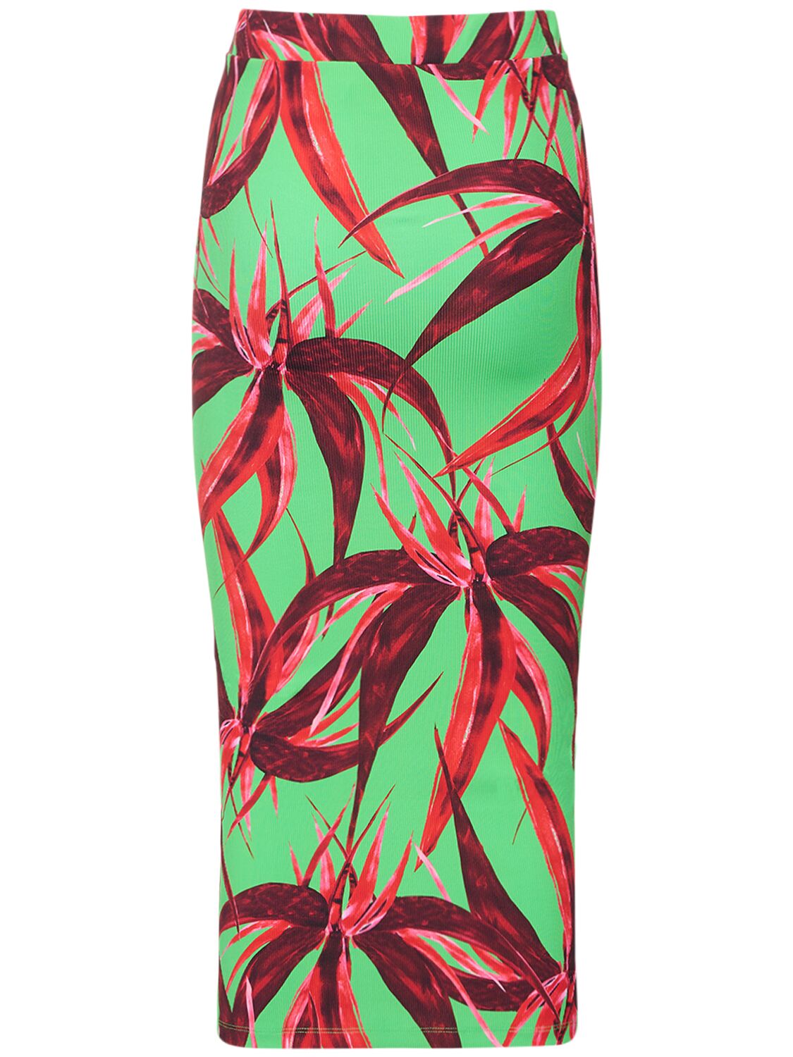 Shop Louisa Ballou Printed Ribbed Stretch Midi Skirt In Red Green Flowe