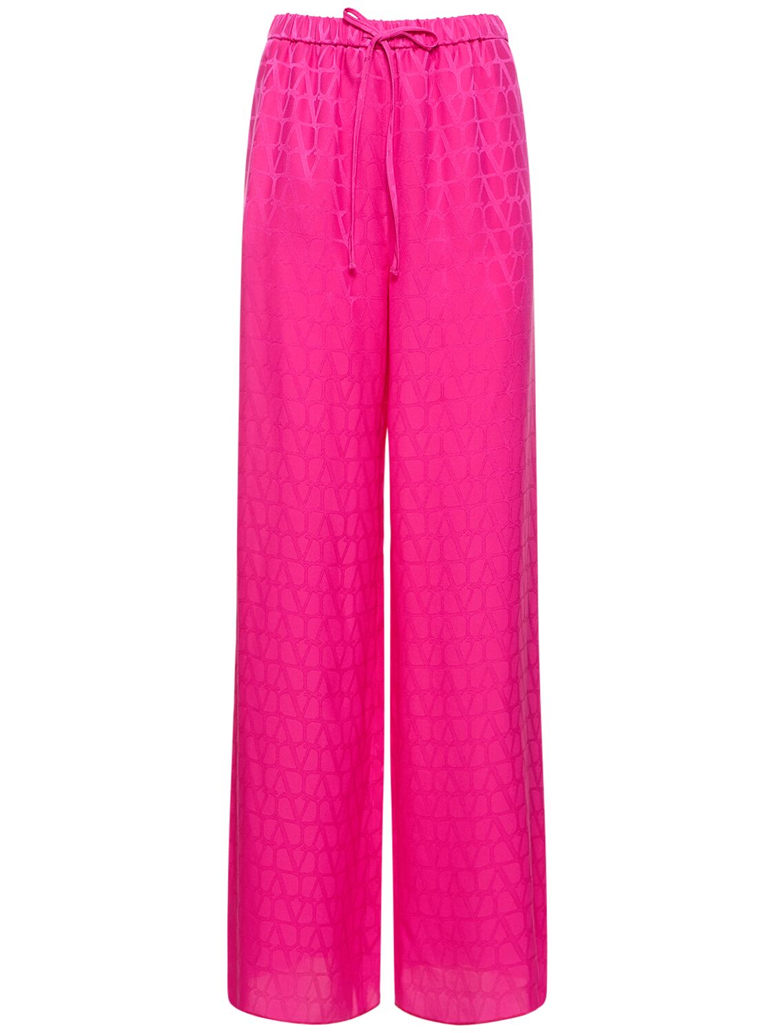 Valentino Silk Satin Logo Jacquard Wide Trousers In Pink