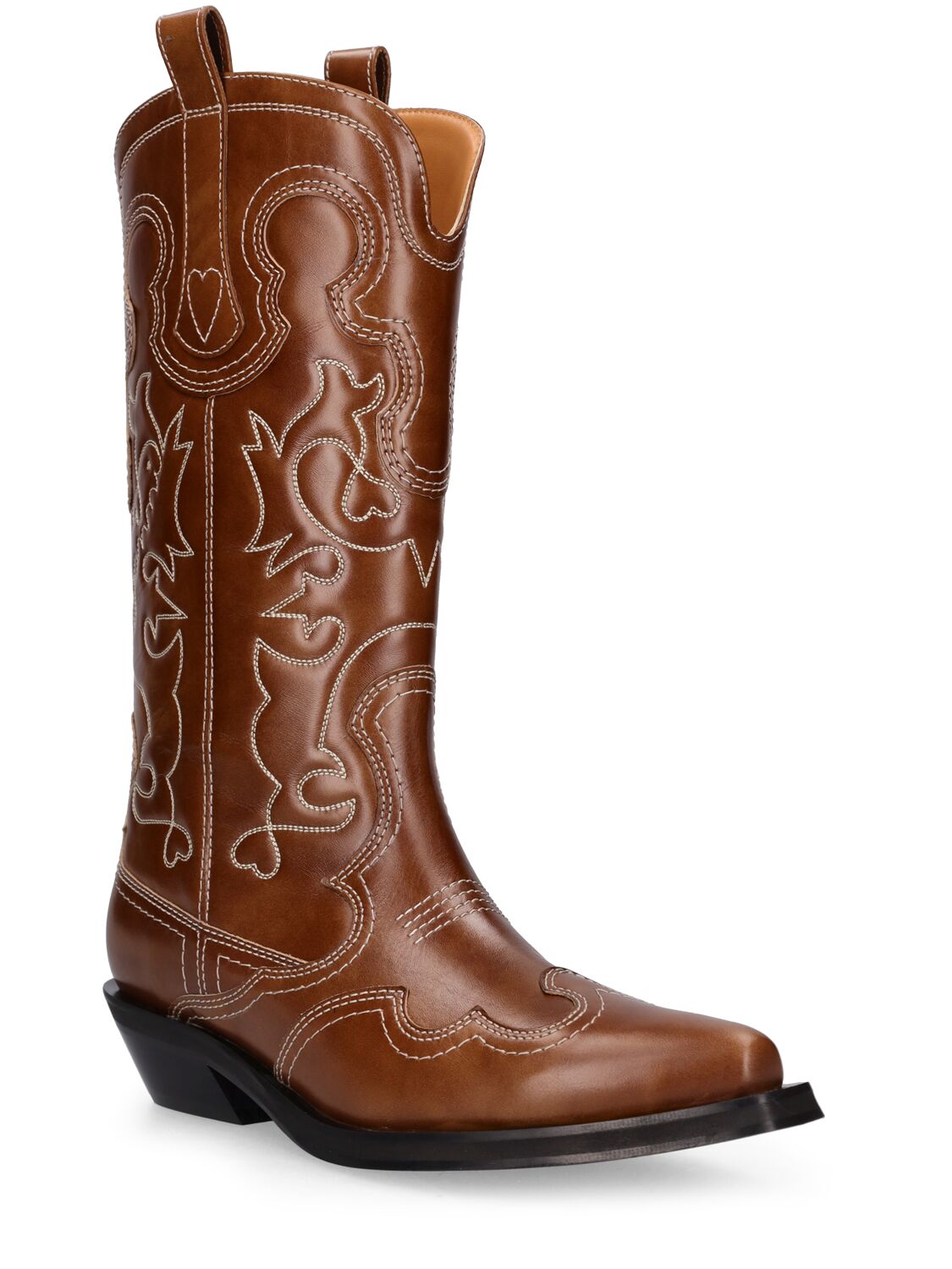 Shop Ganni 40mm Mid Shaft Embroidered Western Boots In Brown