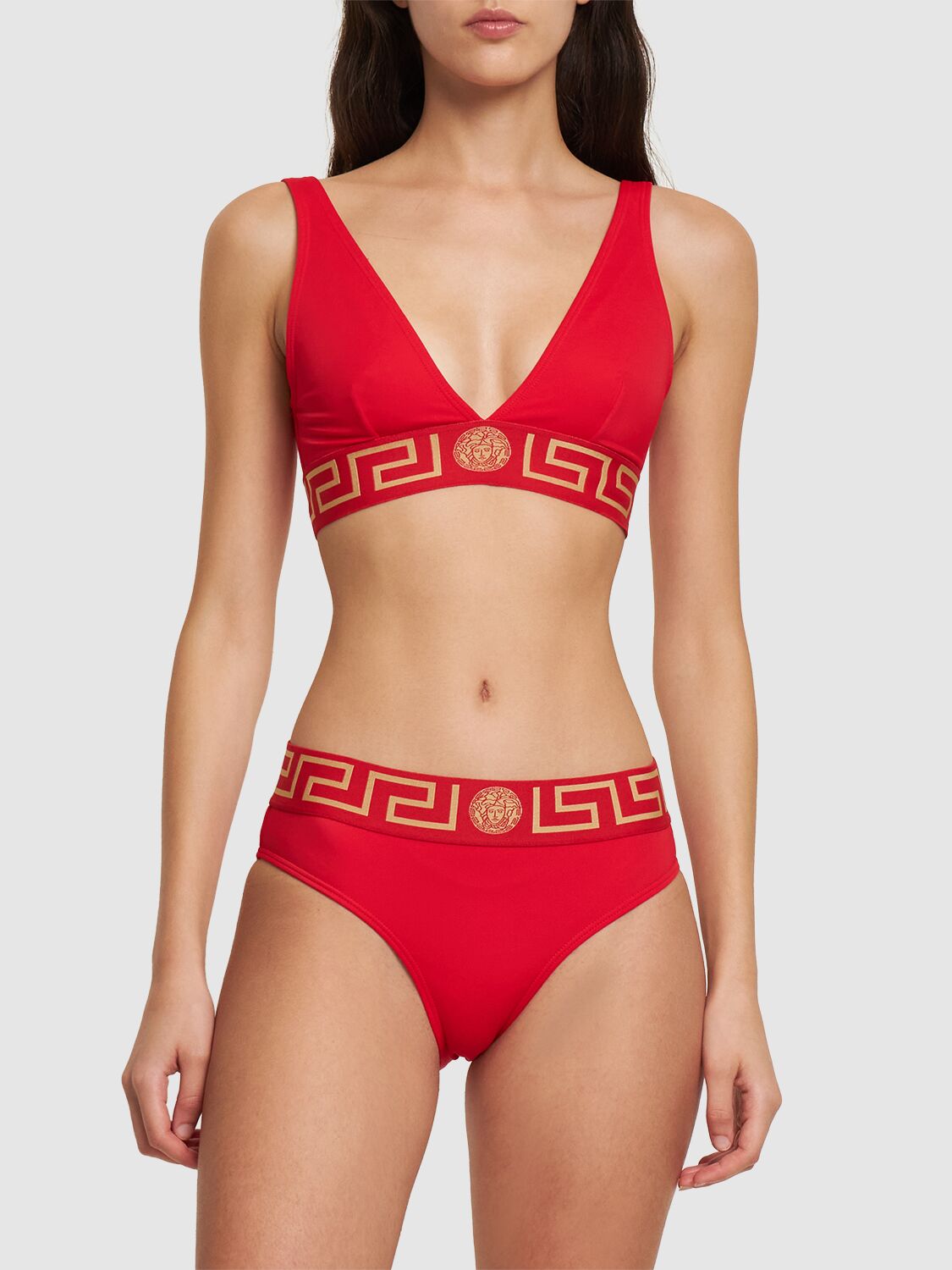 Shop Versace Triangle Bikini Top W/ Greek Motif In Red