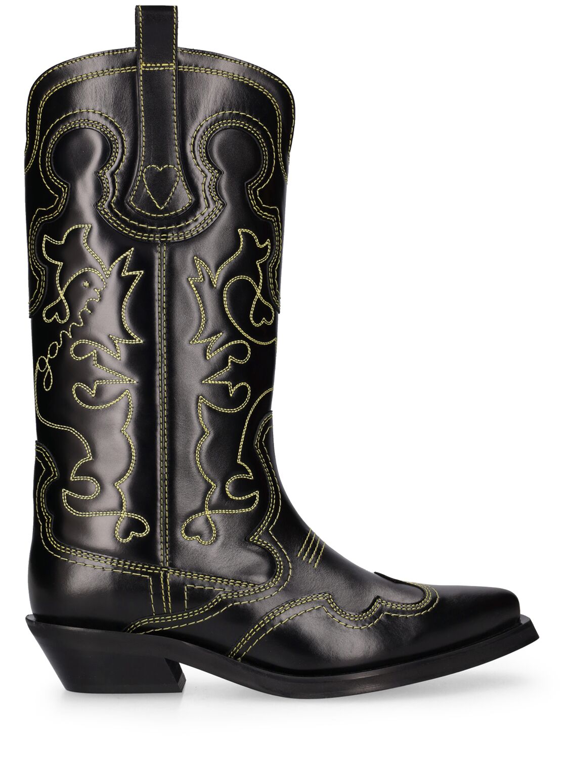 Ganni 40mm Mid Shaft Embroidered Western Boots In Black