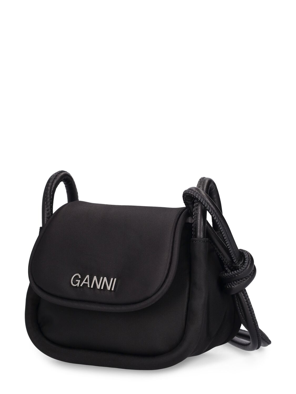 Shop Ganni Mini Knot Recycled Tech Top Handle Bag In Black
