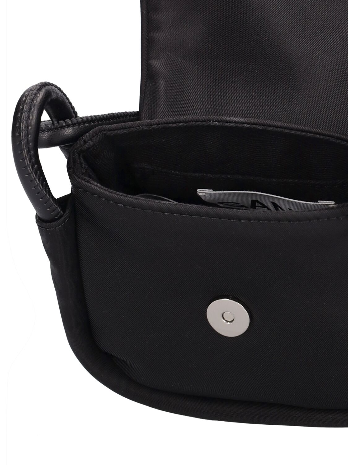 Shop Ganni Mini Knot Recycled Tech Top Handle Bag In Black