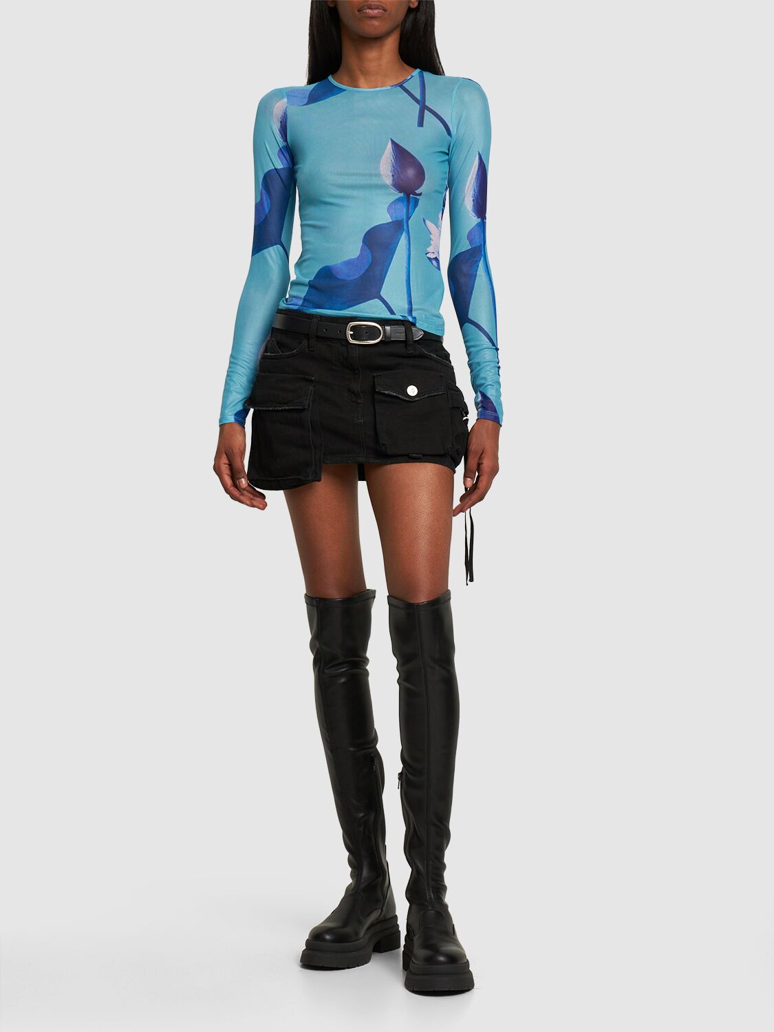 Shop Miaou Long Sleeve Printed Mesh T-shirt In Blue,multi