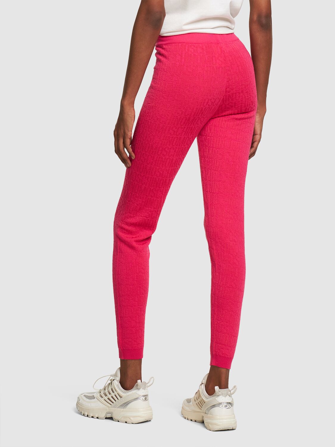 Shop Moschino Logo Jacquard Wool Blend Knit Leggings In Pink